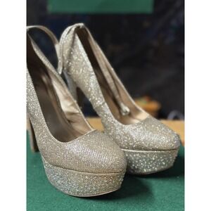 Qupid Gold Glitter Platform High Heel Pumps Rhinestone Sole Size 8.5